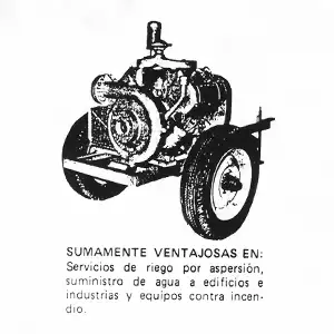 Ilustración de una motobomba centrífuga sobre ruedas. El texto visible menciona riego por aspersión, suministro de agua a edificios e industrias, y equipos contra incendio.